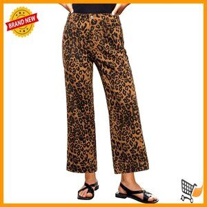 High Waisted Wide Leg Cropped Jeans Animal Print Stretch Flare Pants Chic